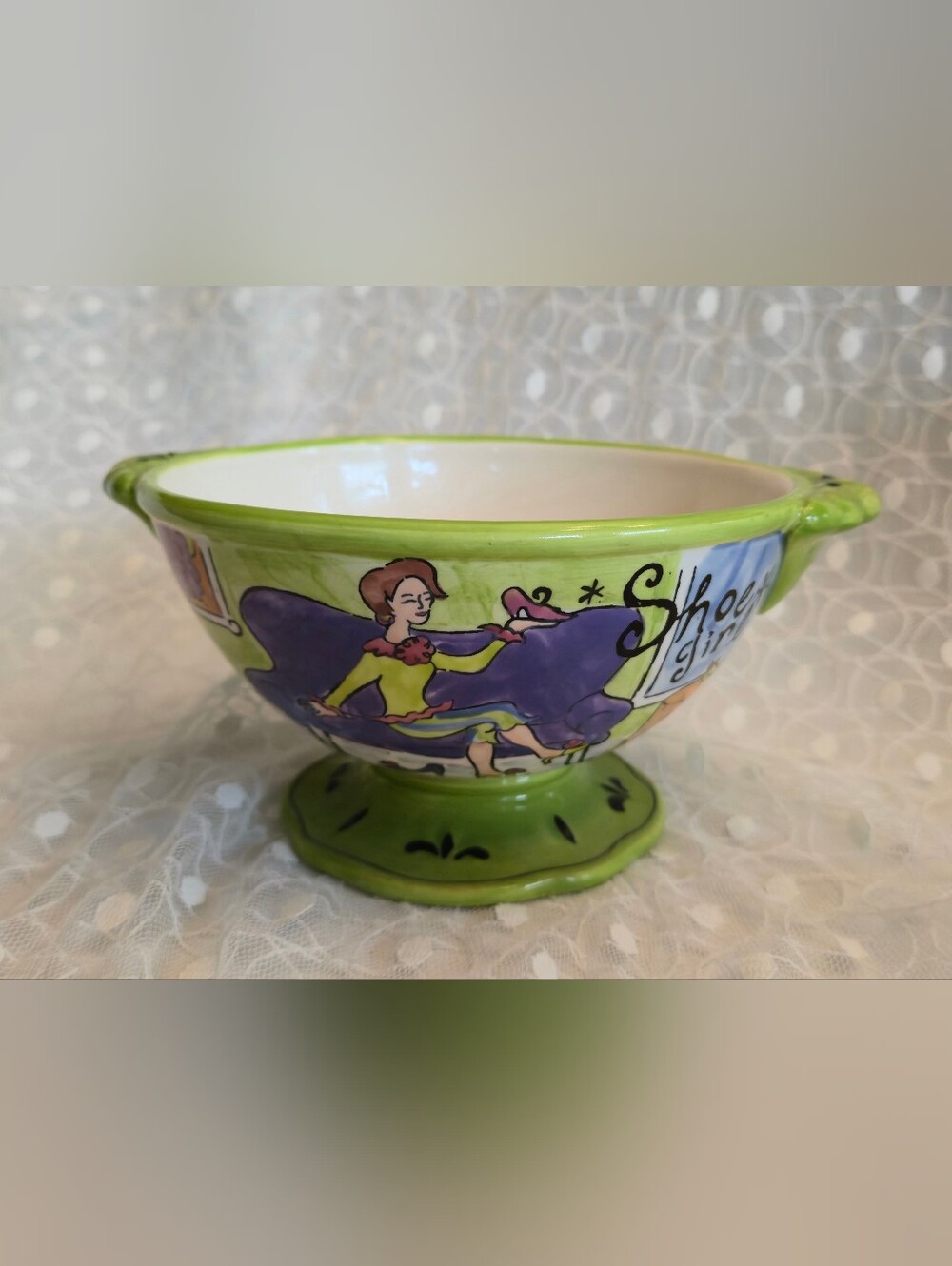 Shoe Girl Pedestal  Hand-Painted Green /Purple Decorative Ceramic Bowl